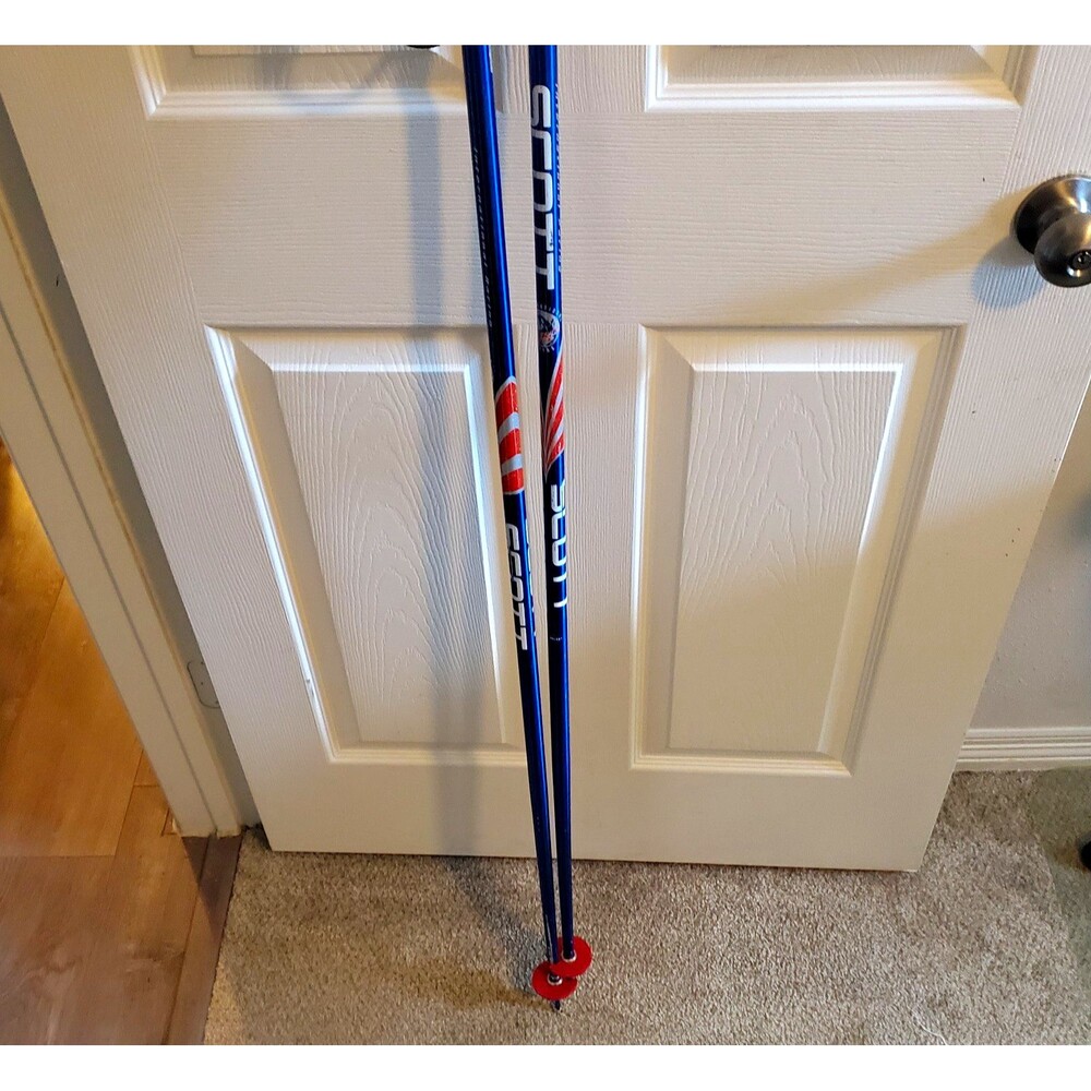 SCOTT Downhill Ski Poles Pair Blue w/ Wrist Straps, Standard Red Baskets 51"